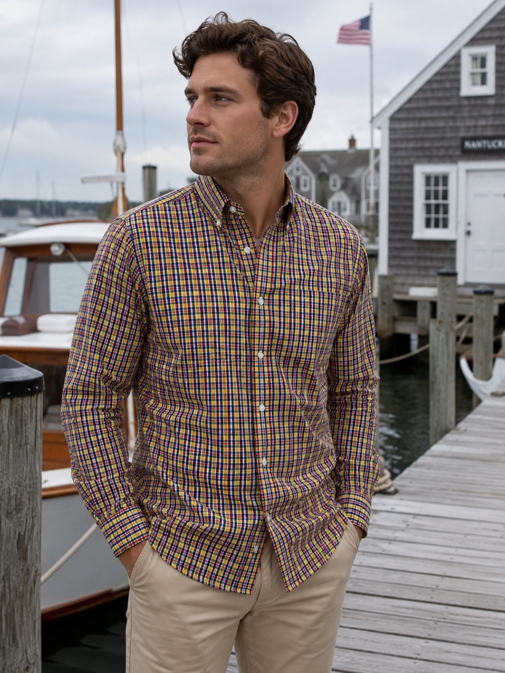 Lands’ End colorful yellow plaid button down
